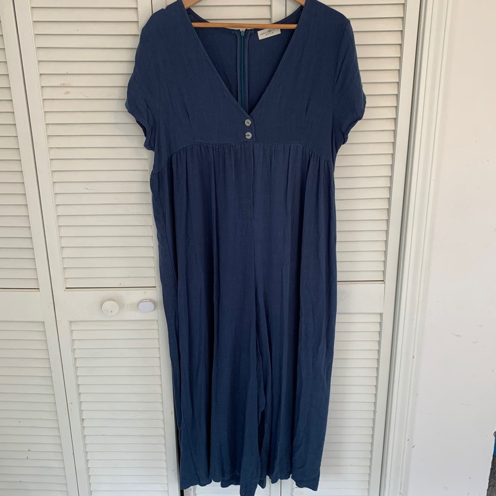 Natural Life Avery Jumpsuit Wide Leg Blue Rayon Linen Womens L Boho Short Sleeve - Picture 2 of 14